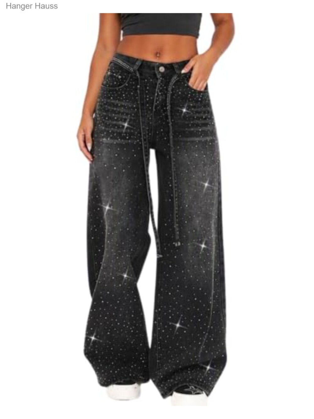 Rhinestone High Waisted Baggy Straight Leg Boyfriend Jeans Women